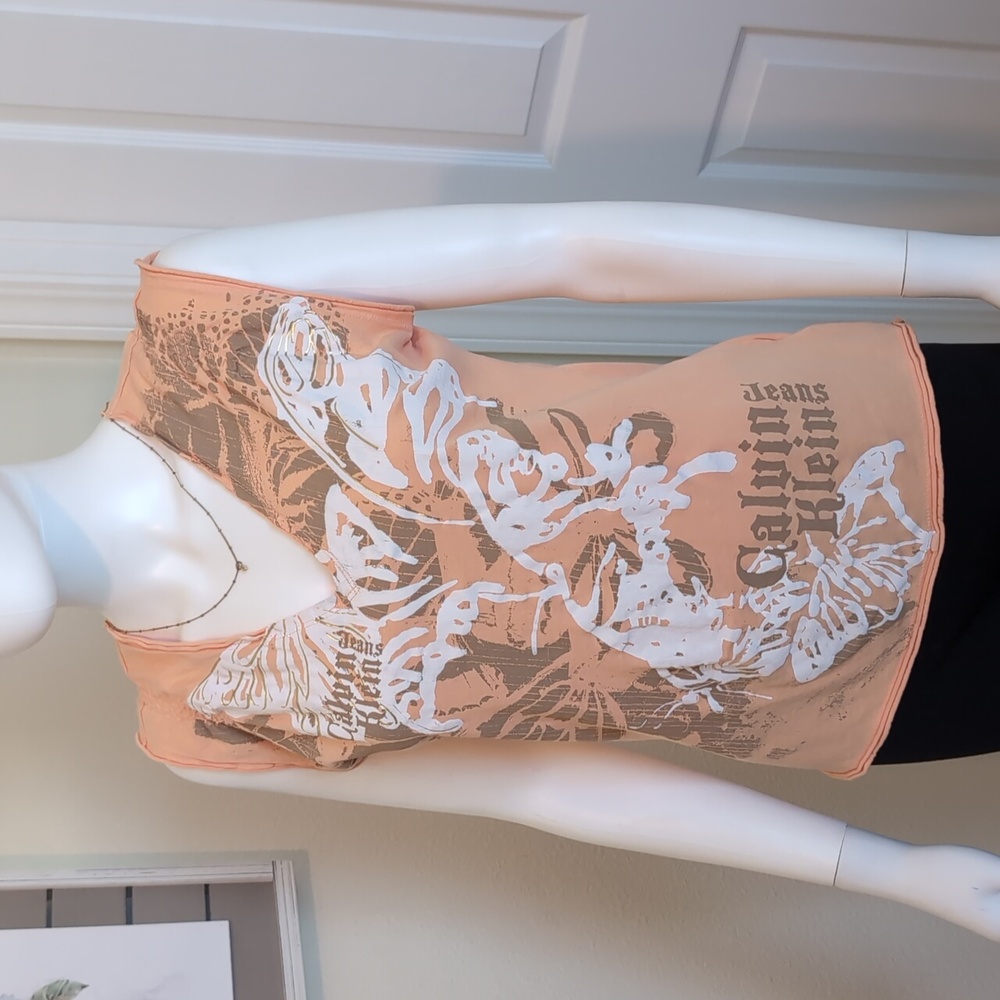 Calvin Klein Jeans Vintage V-Neck  Sleeveless Butterfly Graphic szM Peach EUC